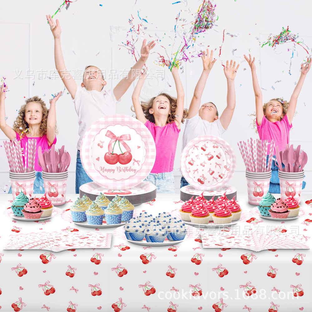 Nuevo arco de cereza tema decoración de fiesta de cumpleaños de niños bandeja de papel tazas de papel toallas de papel set de cubiertos
