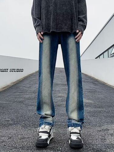 High Street Pants Spring and Autumn Men's Ins Trendy Loose Matchy-Block Color Embellished Slim Straight Leg Pants Unique Straight Leg Pants