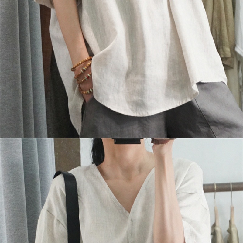 Women's Clothing Summer Style Women's Casual Shirt Short Sleeve Loose Cotton Linen Top Plus Size Pink And Black_ecoleips.com