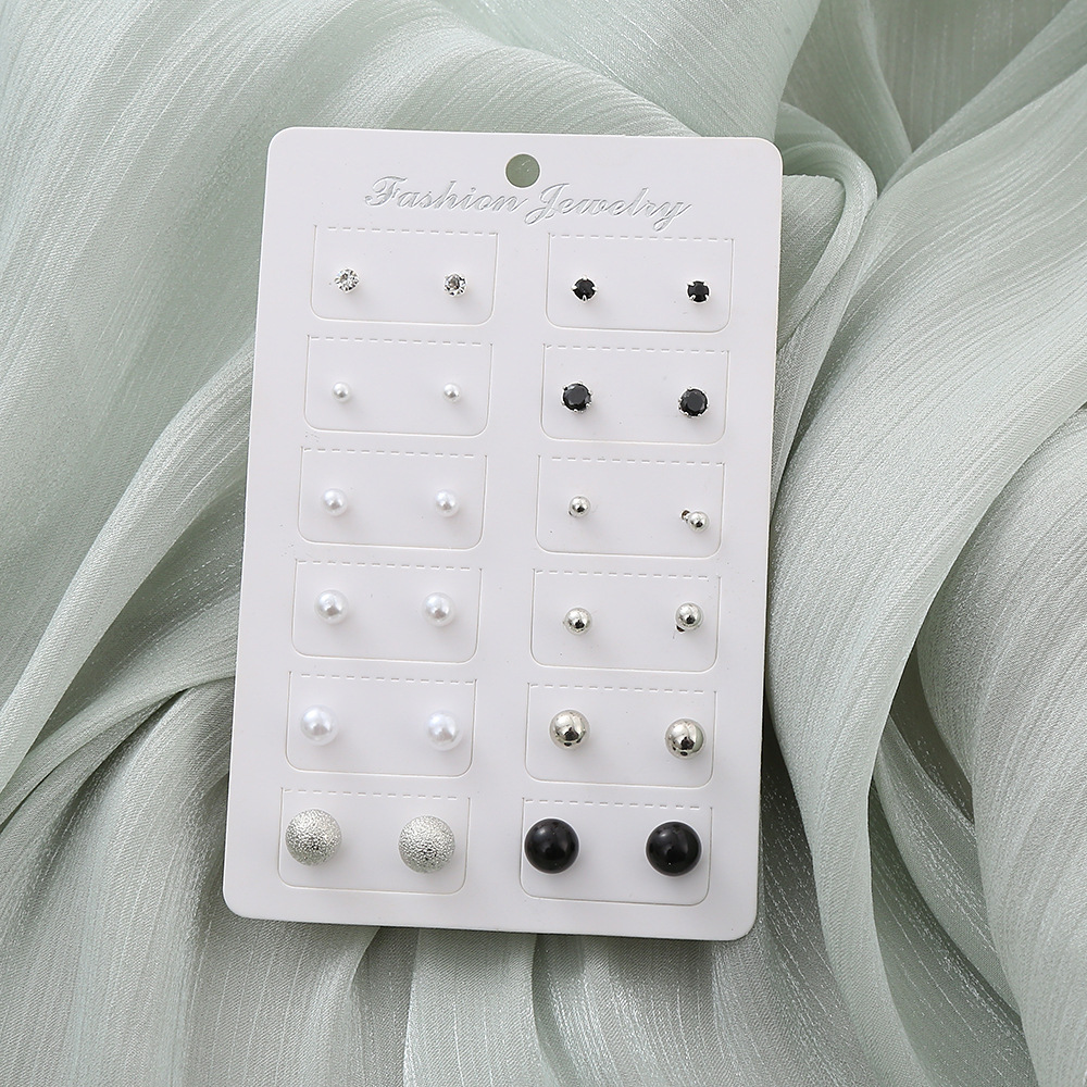 跨境热卖新款珍珠耳钉百搭黑白钻小球韩版简约12对卡片套装