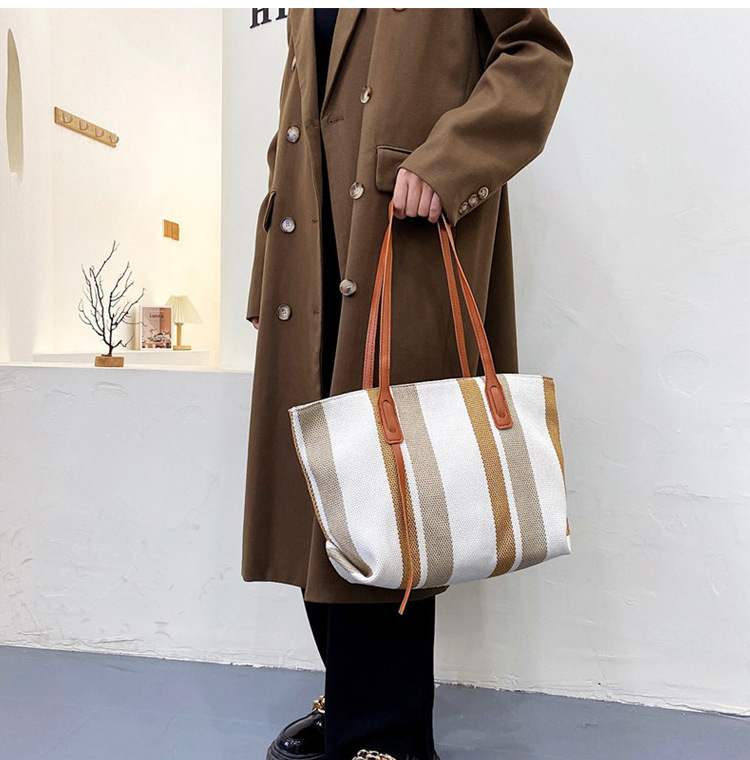 Bag Large Capacity Commuter Canvas Bag 2021 New Trendy Net Red Striped Tote Bag display picture 12