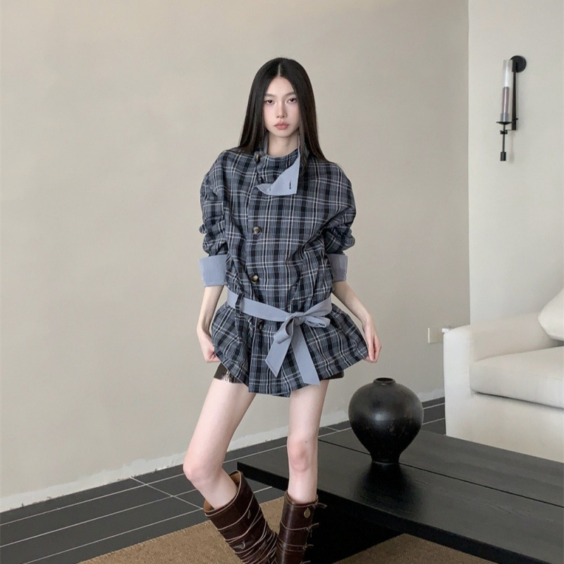 实拍现货复古学院风格纹拼接两面穿束腰风衣外套|undefined