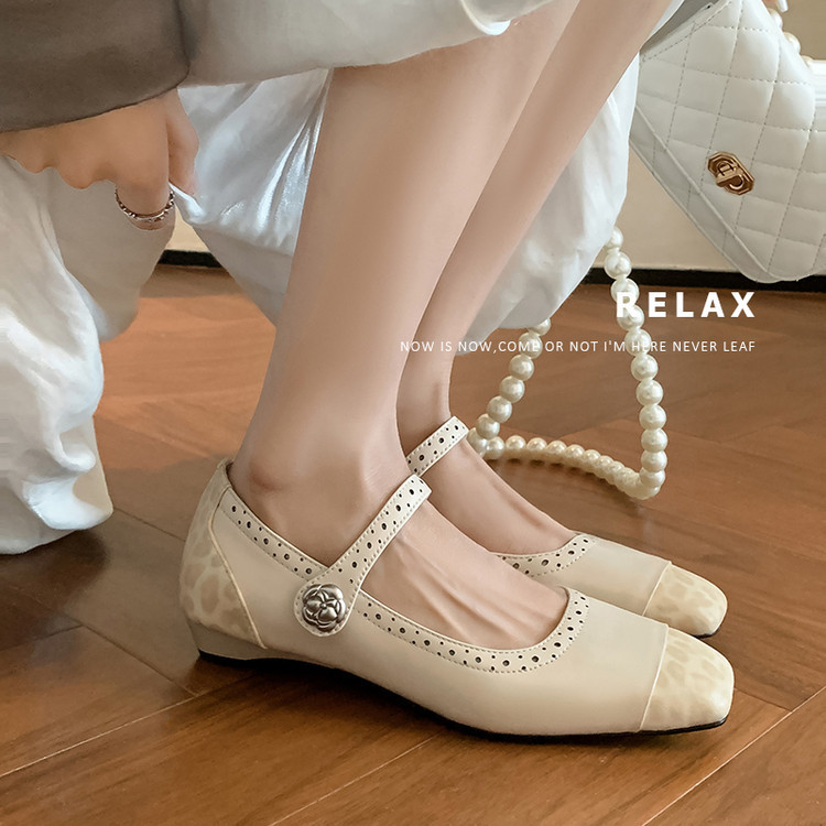 Square Toe Thick Heeled Shallow Mouth Single-layer Shoes Women's Spring Flat Casual Genuine Leather Women's Shoes Elegant Retro Internet Trendy Low-top Shoes