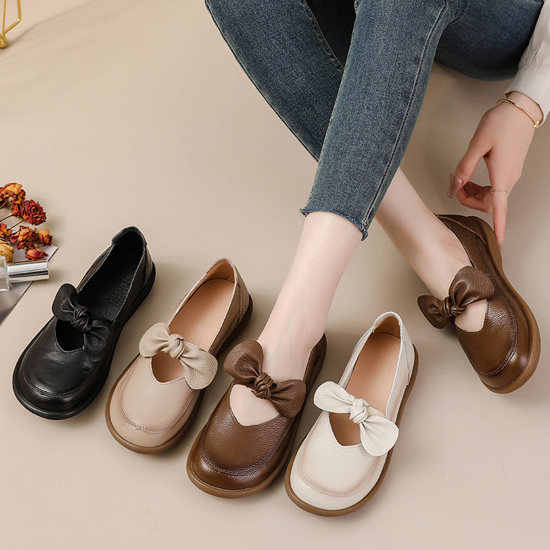 First-Layer Cowhide Leather Shoes, Genuine Leather Thick-Soled Mary Jane Shoes, Women's Slip-On Shoes, Comfortable Shoes, Retro Thick Heels