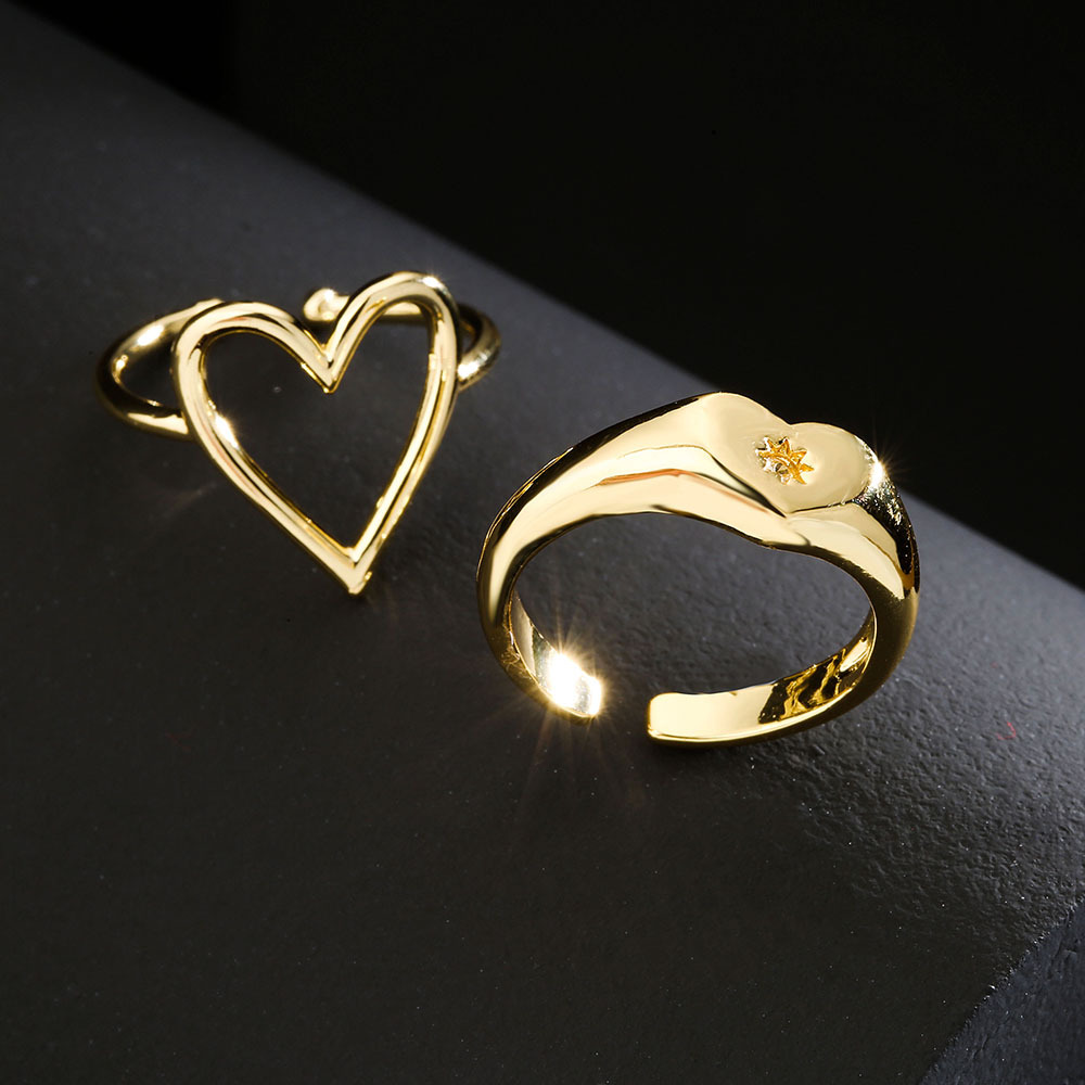 fashion copper 18K gold zircon heart geometric open ring female wholesale
