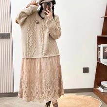 日系森系毛衣拼蕾丝连衣裙秋冬新款宽松百搭减龄假两件针织毛衣裙