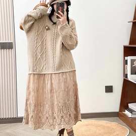 日系森系毛衣拼蕾丝连衣裙秋冬新款宽松百搭减龄假两件针织毛衣裙