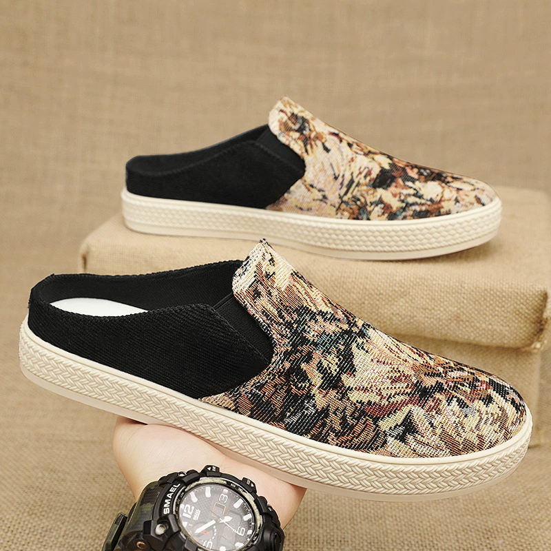 2025 красочная трикотажная полубуксировка повседневная обувь летняя мода на открытом воздухе дикая головка, чтобы перетаскивать повседневные простые легкие тапочки