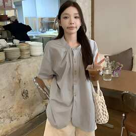 设计感圆领短袖衬衫女夏季百搭不规则蓝色衬衣潮图片色欧美其他