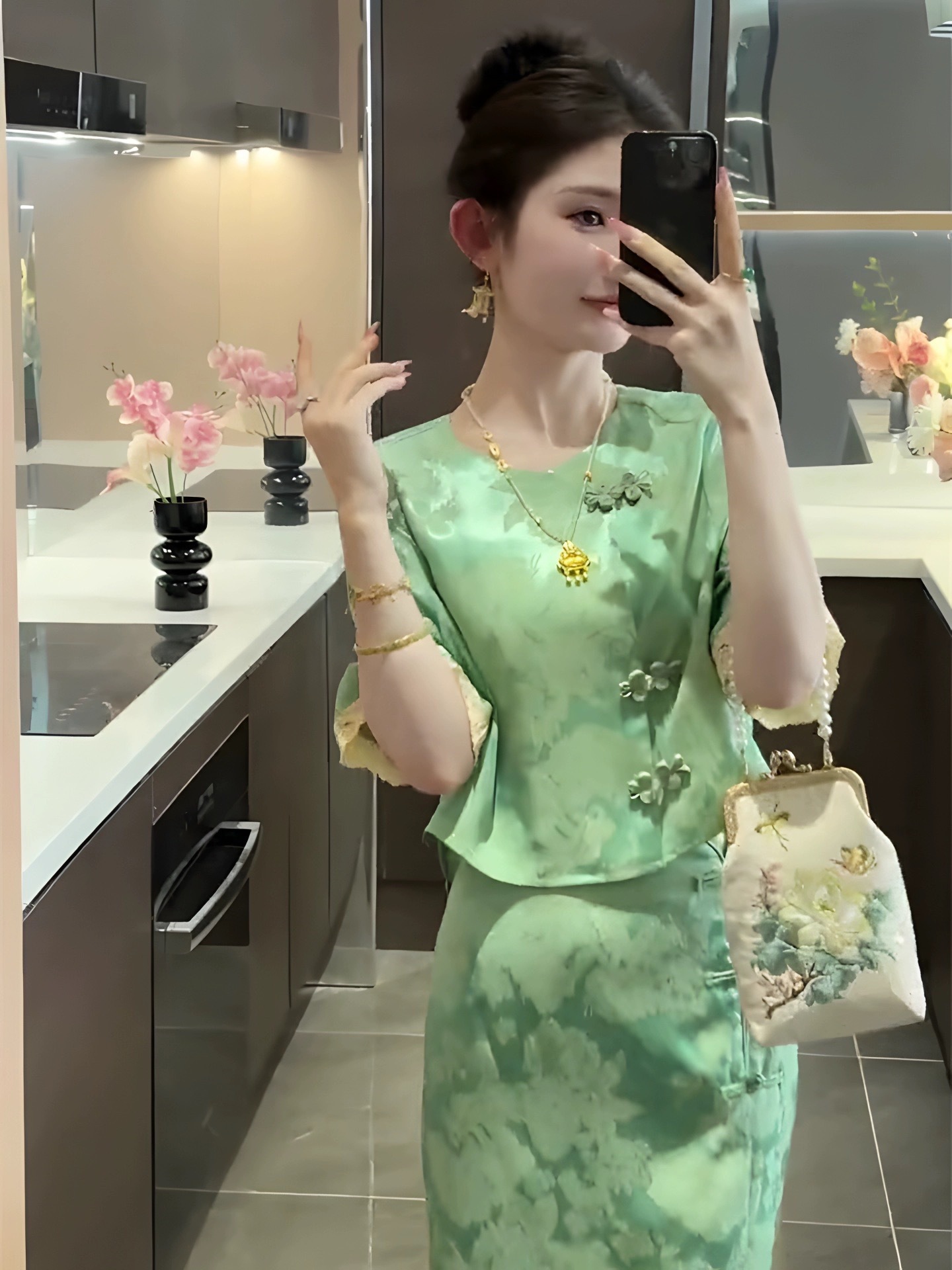Bộ váy hai mảnh kiểu Trung Quốc mùa hè dành cho nữ, thiết kế sang trọng nhẹ nhàng — Màu xanh lá chi tiết 6