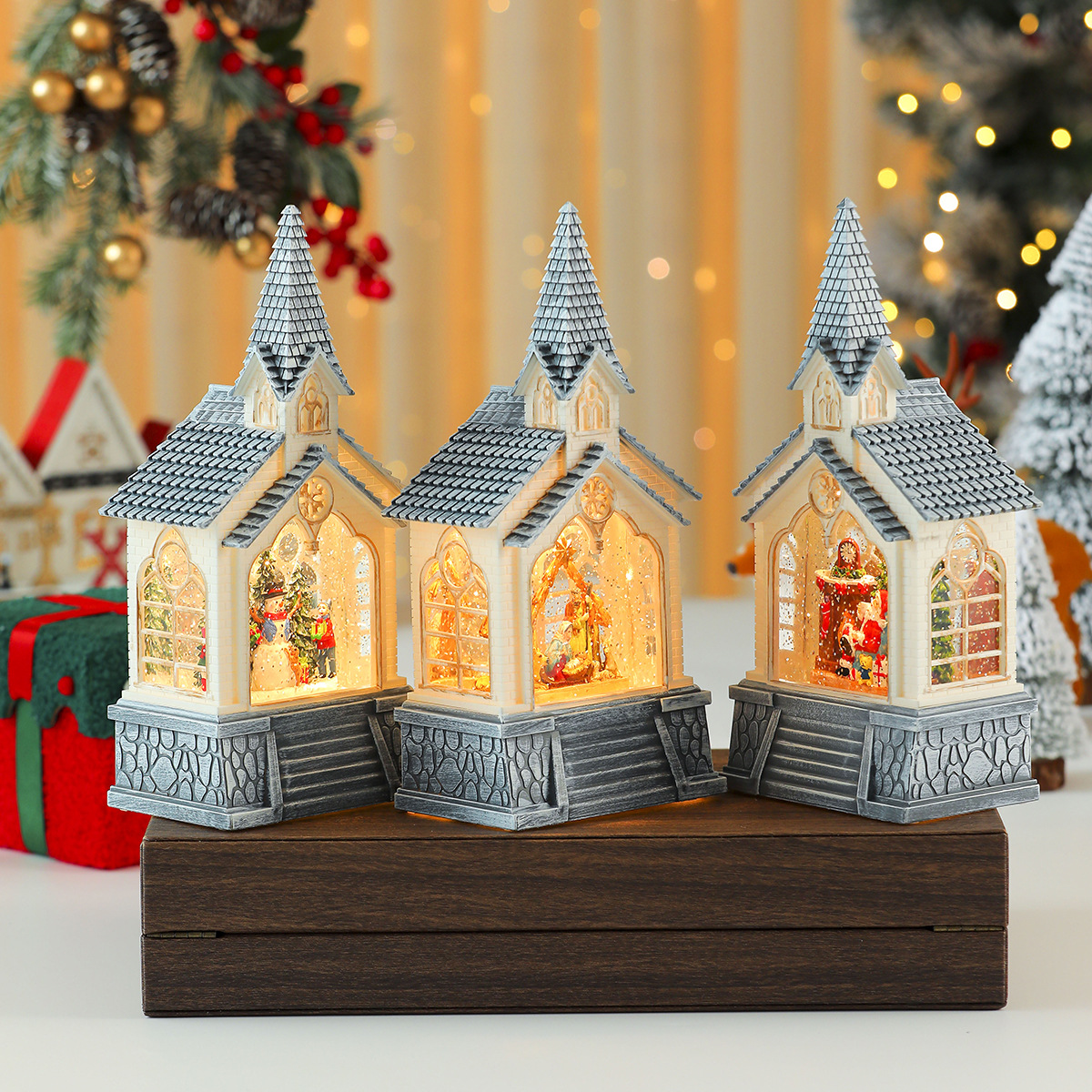 Regalo de Navidad Casa de Santa Claus Lámpara de viento de cristal Decoración de Navidad Decoración de la casa Nieve Música Caja de música