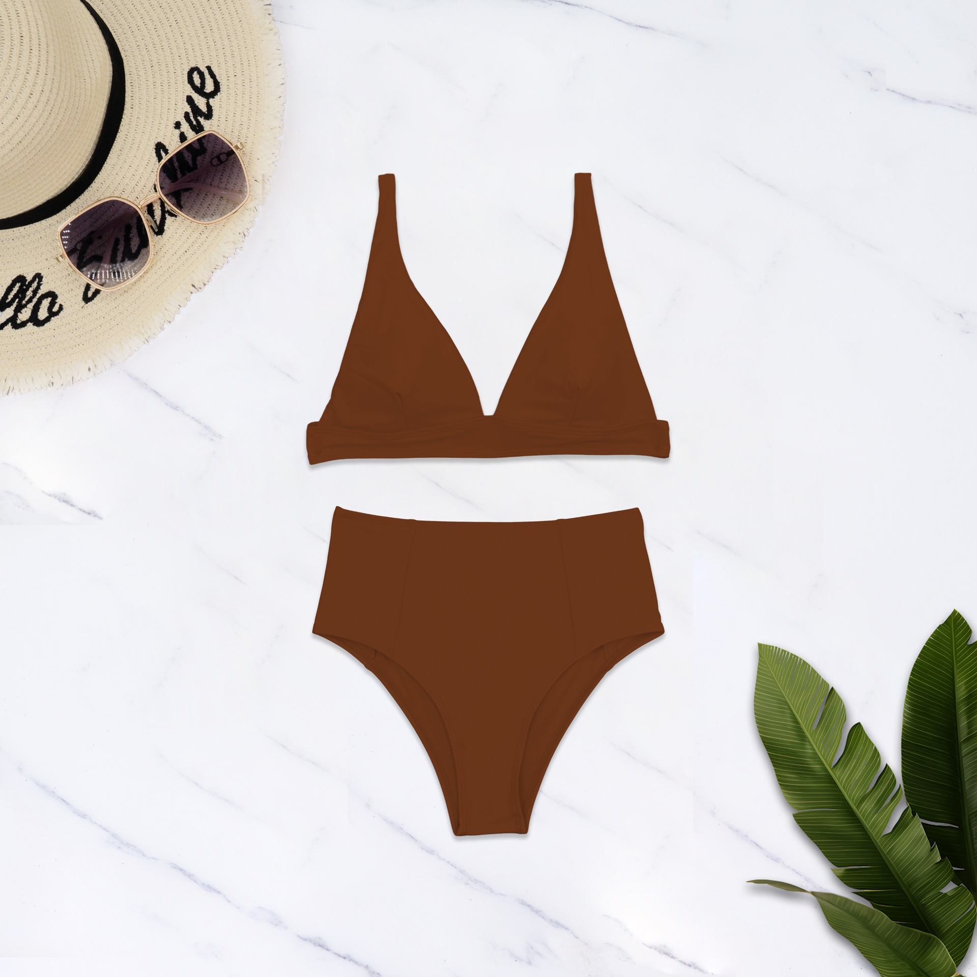 High-waisted Two Piece Bikini Solid Colour Swimsuit For Women_voghion.com