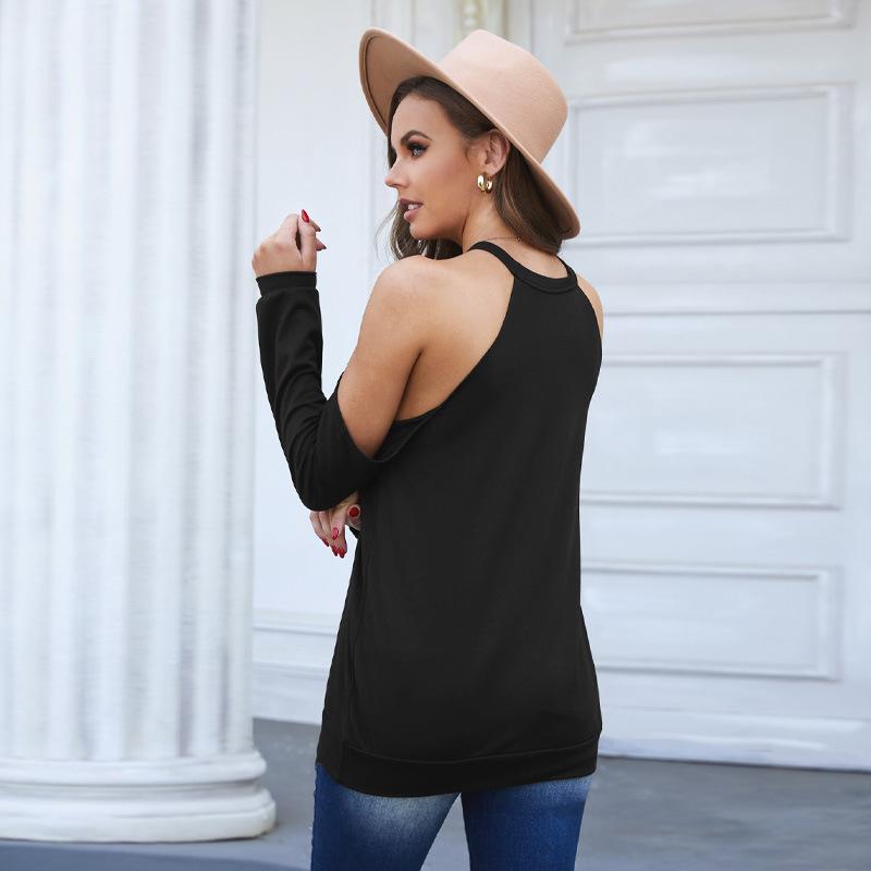 时颖欧美卫衣 女新款亚马逊纯色破洞露肩长袖宽松圆领女士上衣