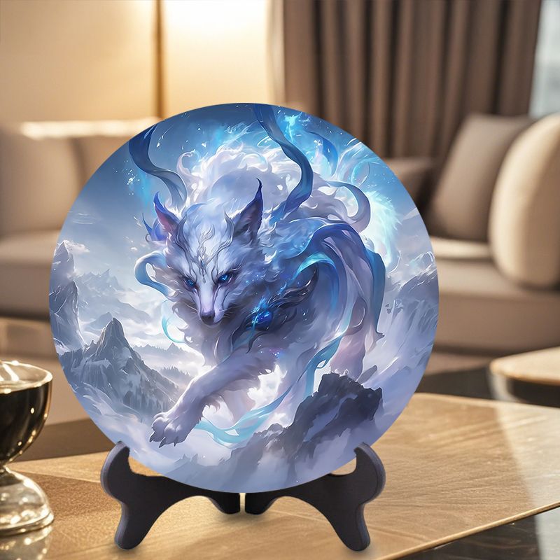 Ancient Mythical Beast Nine-Tailed Fox Ornament, Round Plate Photo Frame, Home Guardian Beast, Living Room Decoration, Study Room Office Decoration