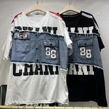 欧货T恤女2025夏季新款宽松上衣拼接牛仔字母印花中长款短袖t