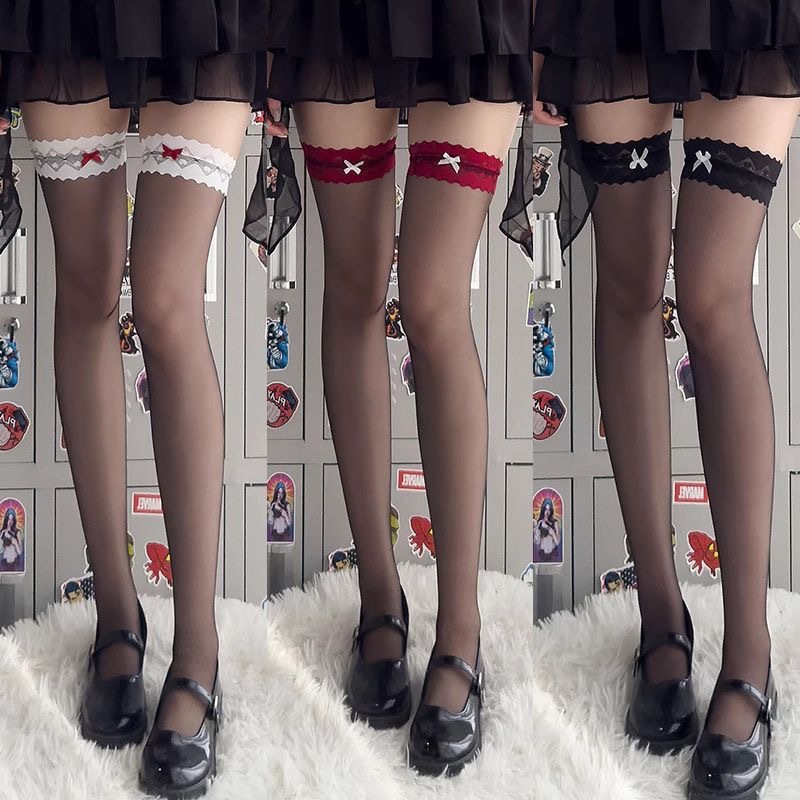 Lace Over-The-Knee Bow Women's Pure White Silk Half Stockings Red Edge Black Silk Flesh-Colored Long Thigh Socks
