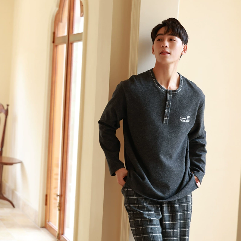 Мужская Домашняя одежда с круглым вырезом в клетку модный костюм Весна и осень Зима хлопковые пижамы можно носить снаружи можно дома