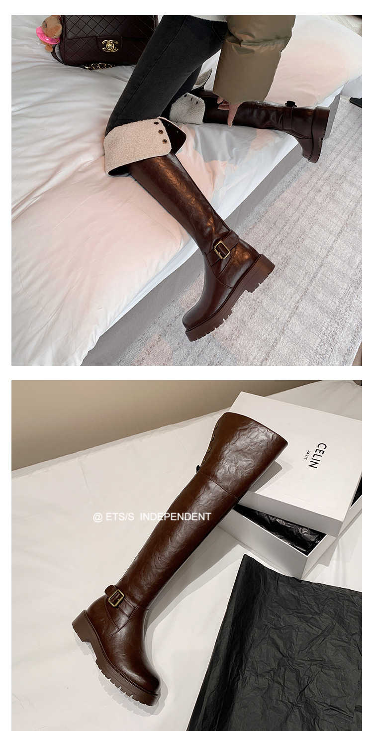 Boot nữ cổ cao qua gối hai lớp gấp gọn, lót lông cừu ấm áp, phong cách hiệp sĩ — màu đen chi tiết 25