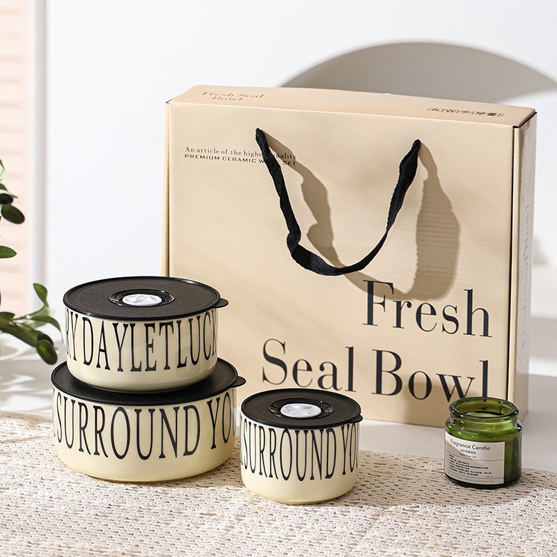 陶瓷饭盒保鲜碗三件套密封碗礼品泡面碗套装礼品微波炉保鲜碗卡通