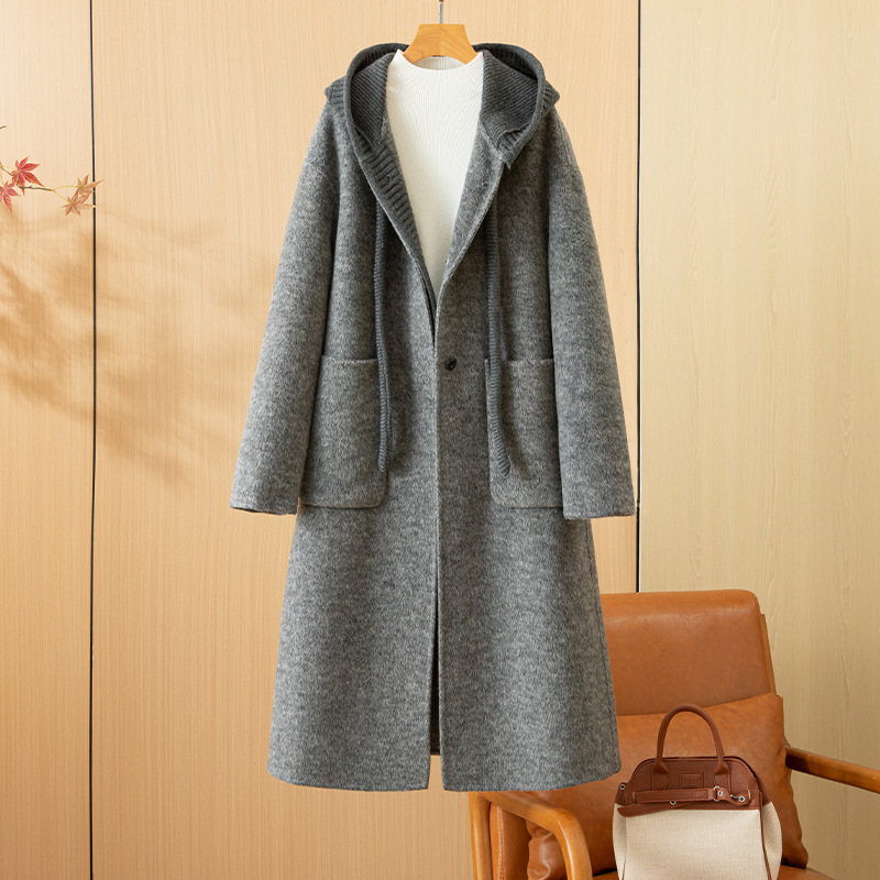 2025秋冬新款针织连帽双面羊绒大衣女长款休闲宽松直筒双面呢大衣