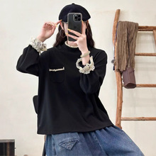 蕾丝拼接德绒长袖T恤女冬季新款半高领宽松显瘦保暖打底衫