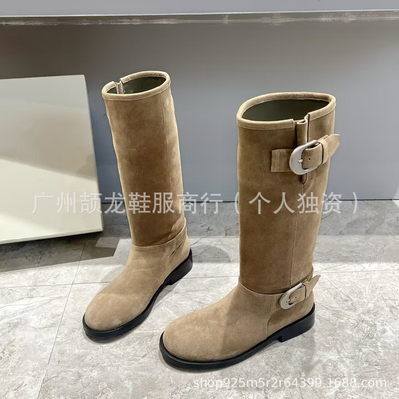 高版小众新款真皮拼接麂皮圆头复古皮带扣高筒骑士靴不过膝长靴女|undefined