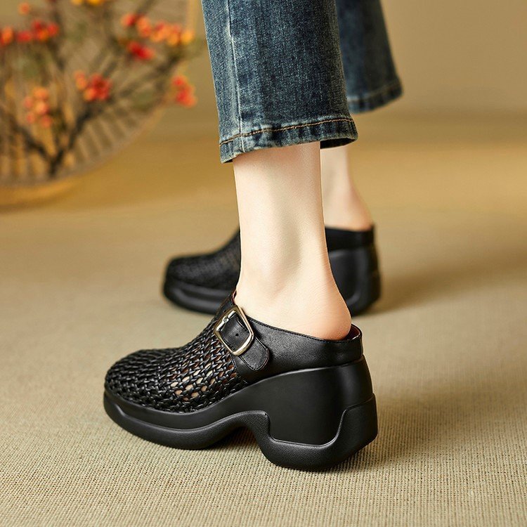 Woven mule made of sheepskin leather platform wedge heel