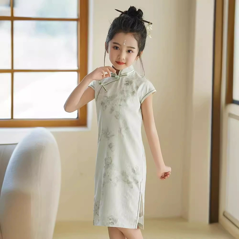 Yunwan зеленая леди темперамент девушка иностранная тонкое платье чонсам ретро идиллический стиль детская принцесс юбка новый стиль