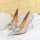 1829-H5 European and American Style Banquet Sexy Women's Shoes Super High Heel Sequin Fabric Shallow Mouth Pointed Rhinestone Bowknot Single Shoe