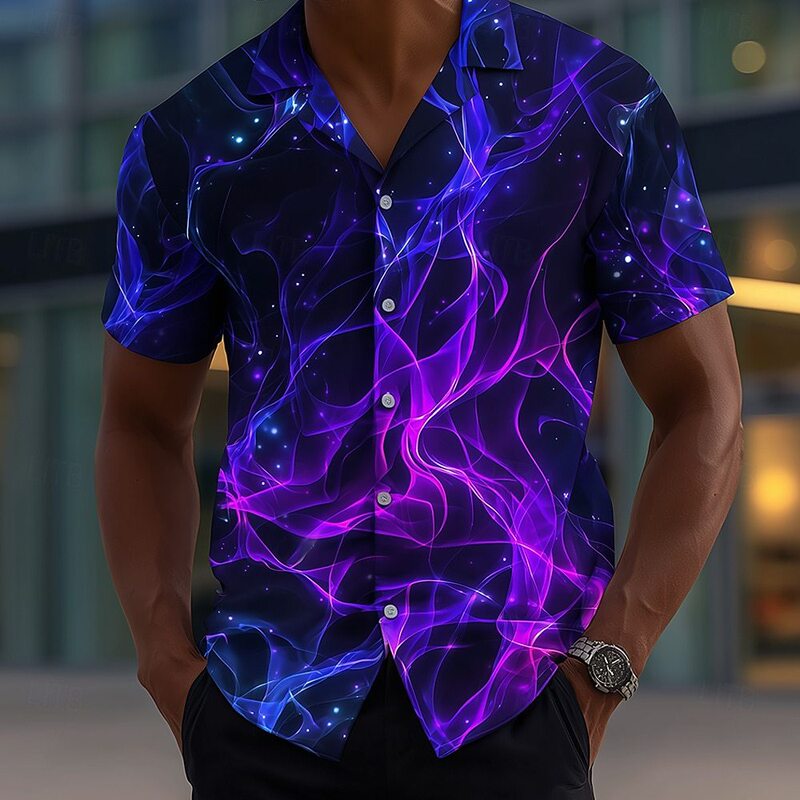 Cross-Border New Summer Men's Casual Shirt Flame Neon Glow Print Short-Sleeved Vacation Amazon Temu