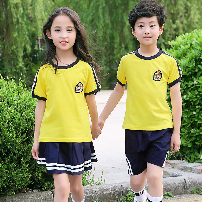 Children's School Uniform Set Summer Boys and Girls Pure Cotton Crew Neck Yellow Primary School Class Uniform Kindergarten Uniform Wholesale