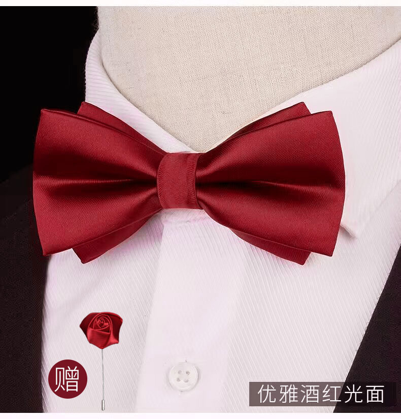 (새로운 밝은 색상) 우아한 버건디 글로시 보타이 (장미 코사지 포함)