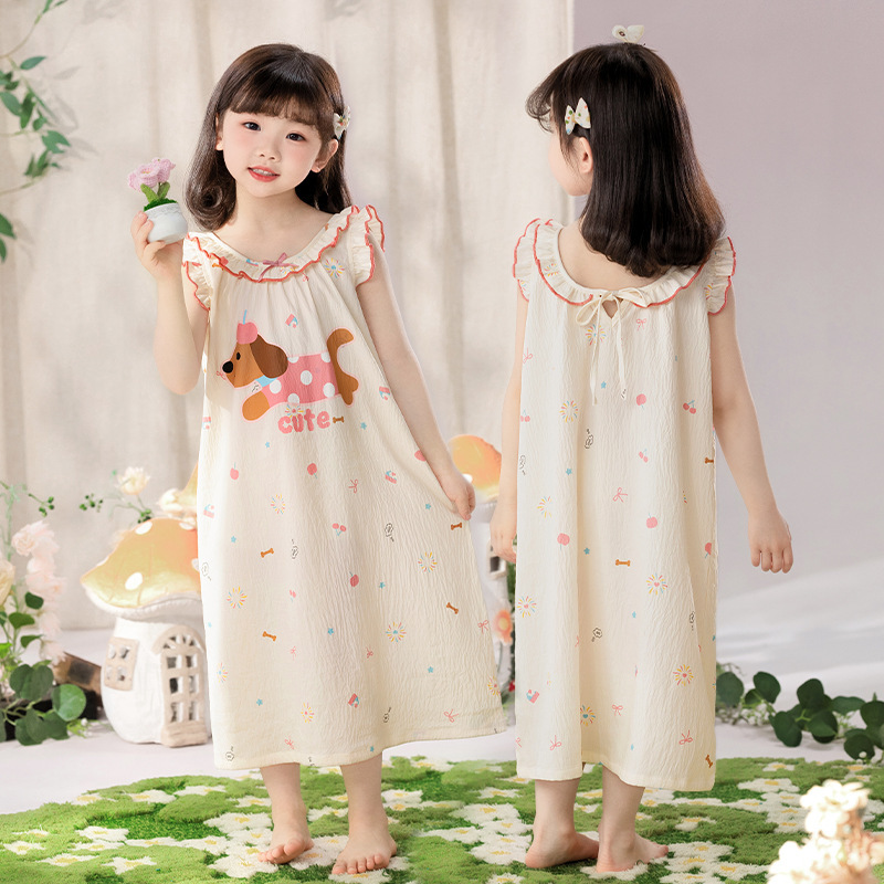 子供用ネグリジェ、女の子夏新作クラウドコットンベストサスペンダーロングスカート母娘親子フレンチパジャマホーム服|undefined