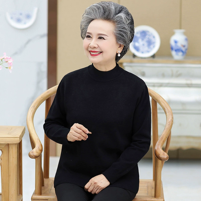 Мамина осень-зима Новая Облегающая рубашка с высоким воротом для женщин среднего и пожилого возраста, Однотонный свитер на флисовой подкладке, тонкий свитер для бабушки