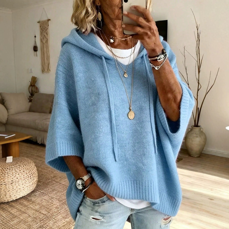 Cross-border foreign trade hooded cape knit sweater for women, autumn and winter, casual loose fit, three-quarter sleeves, European and American style pullover top