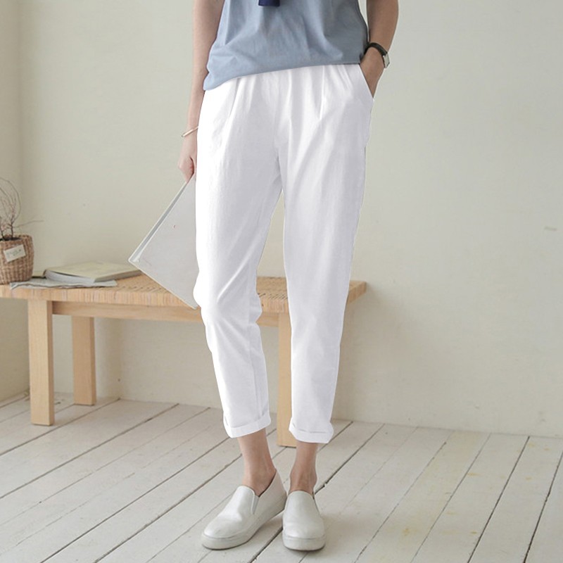 Women's High-Waisted Harem Pants 2026 Spring/Summer Casual Elastic Waist Cotton Linen Cropped Trousers Versatile Fashion_ecoleips.com