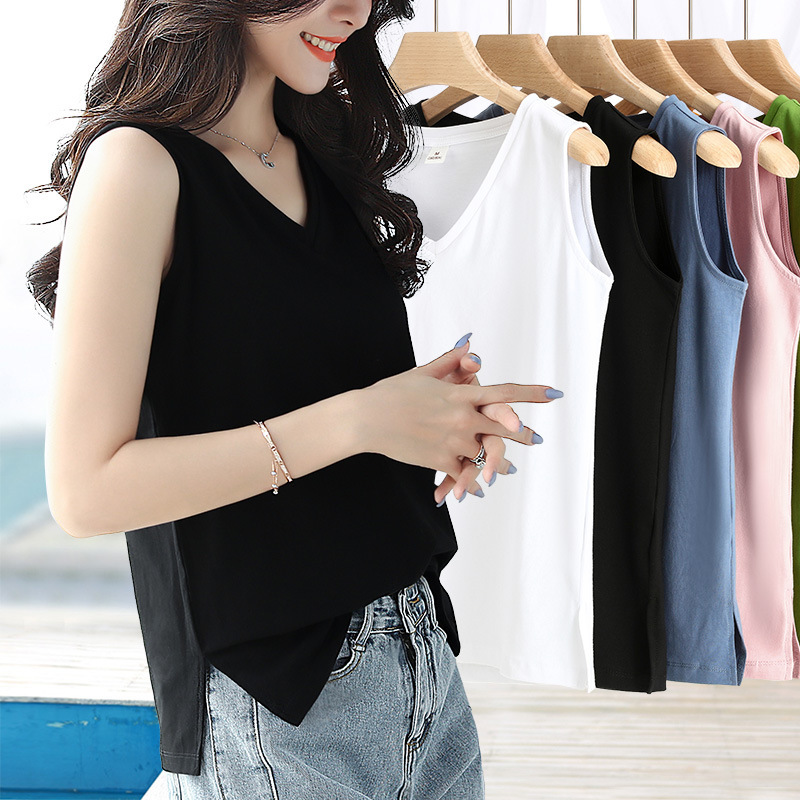 Pure Cotton Waistle Sleeveless V-neck Lower Swing Split T-shirt Camisole Women's Summer Outer Wear Inner plus size Belly Covering Top