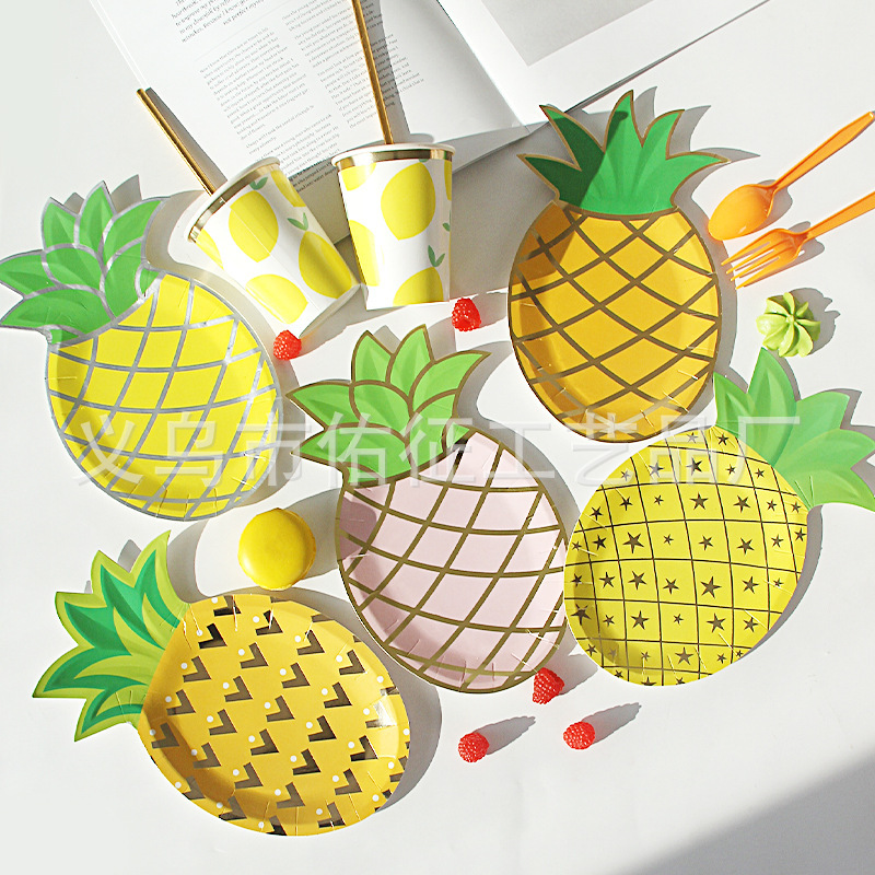 [Low Price Promotion] 8-Person Set of 5 Types of Disposable Pineapple Paper Plates, Birthday Party Cake Plates, Photo Props