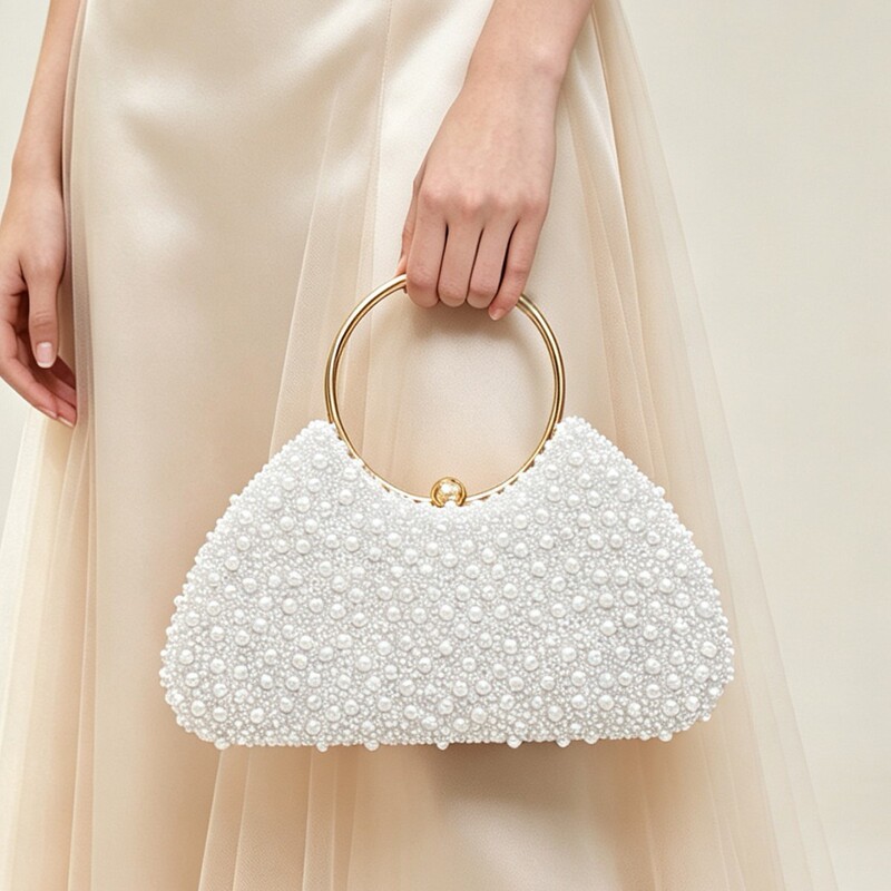 European and American style white pearl evening clutch, gold large circular ring handle, women's wedding party dress shoulder bag