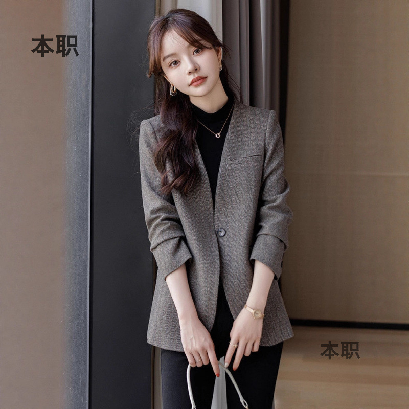 [Old Money Style] Gray Casual Collarless Suit Jacket Women's Autumn and Winter Slim Fit High-Quality Retro Women's Suit