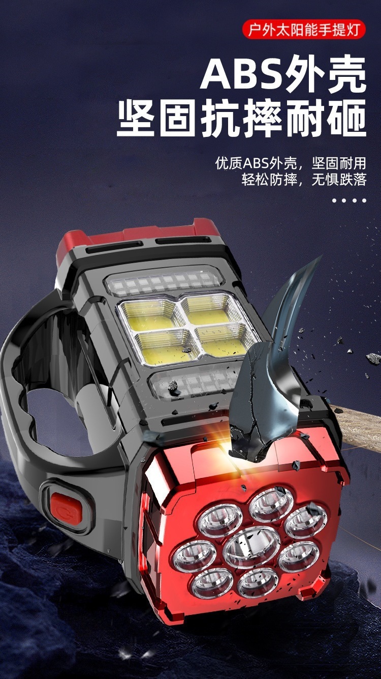 New Solar-Powered Led Multi-Function Portable Light USB Rechargeable Dual Light Source Outdoor Searchlight Strong Light Flashlight
