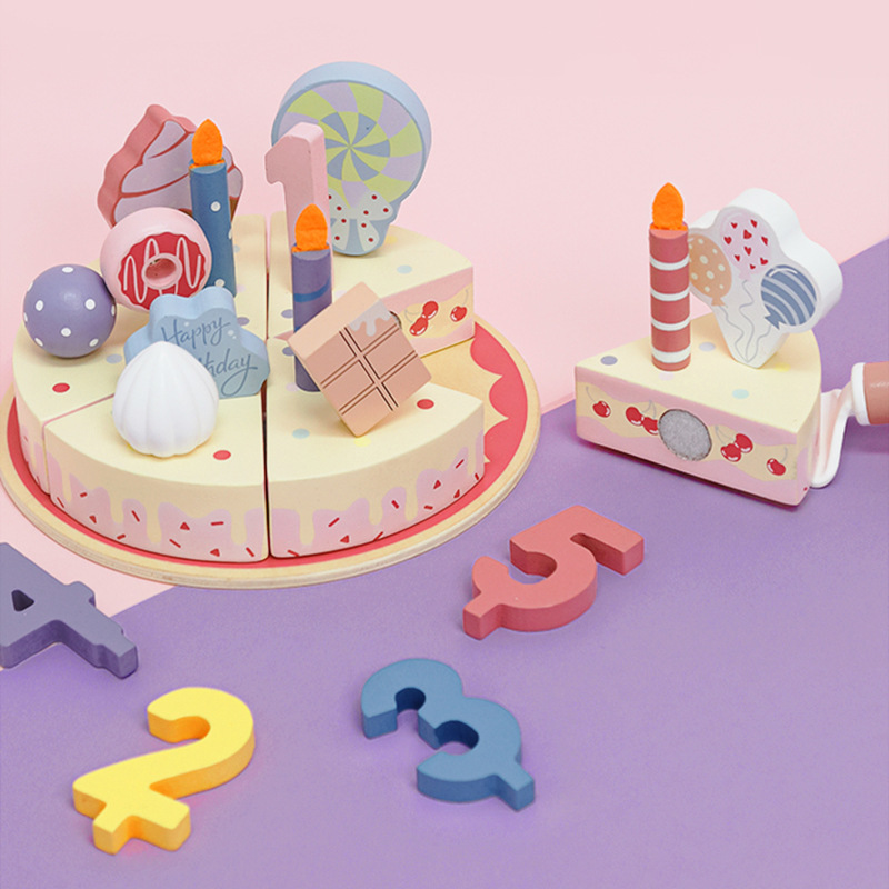 Juego de madera para niños, té de la tarde de simulación de la casa, mesa de postres, pastel de cumpleaños americano, juego de roles, juguetes Chechele image 7