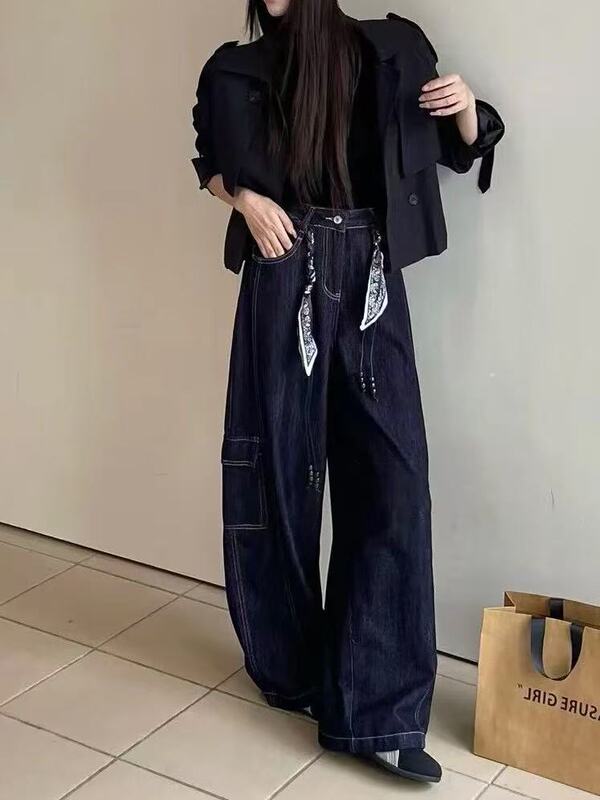 2025早秋新款复古辣妹风工装牛仔裤女高腰宽松显瘦直筒阔腿拖地裤|undefined