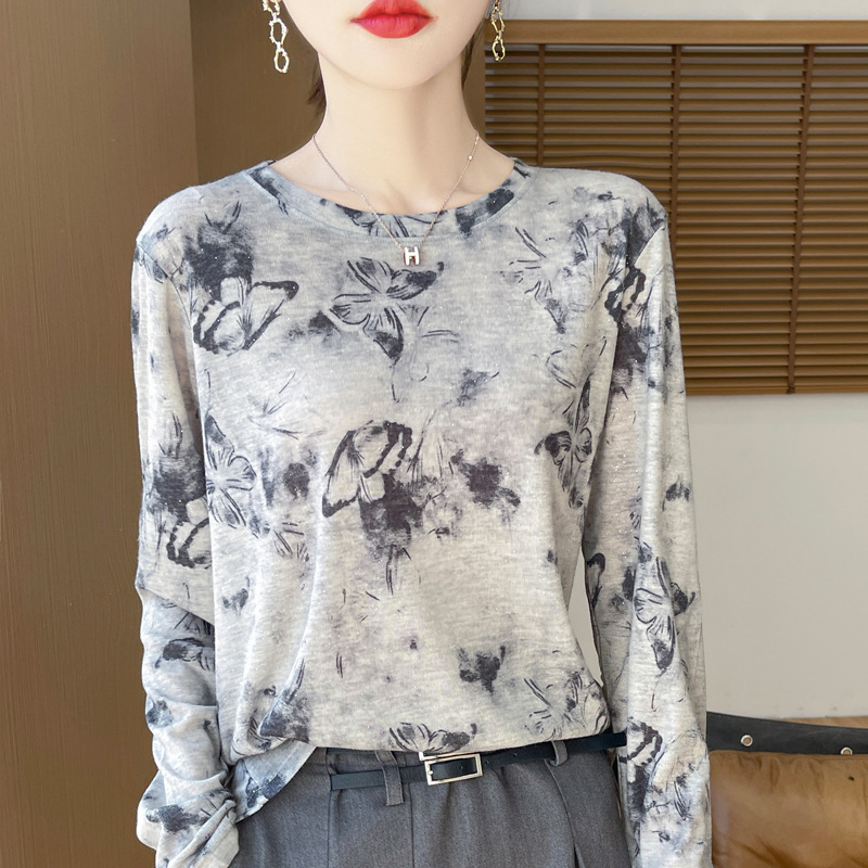 跨境莱赛尔天丝2025秋季女士扎染短款休闲圆领长袖打底衫毛衣百搭|undefined