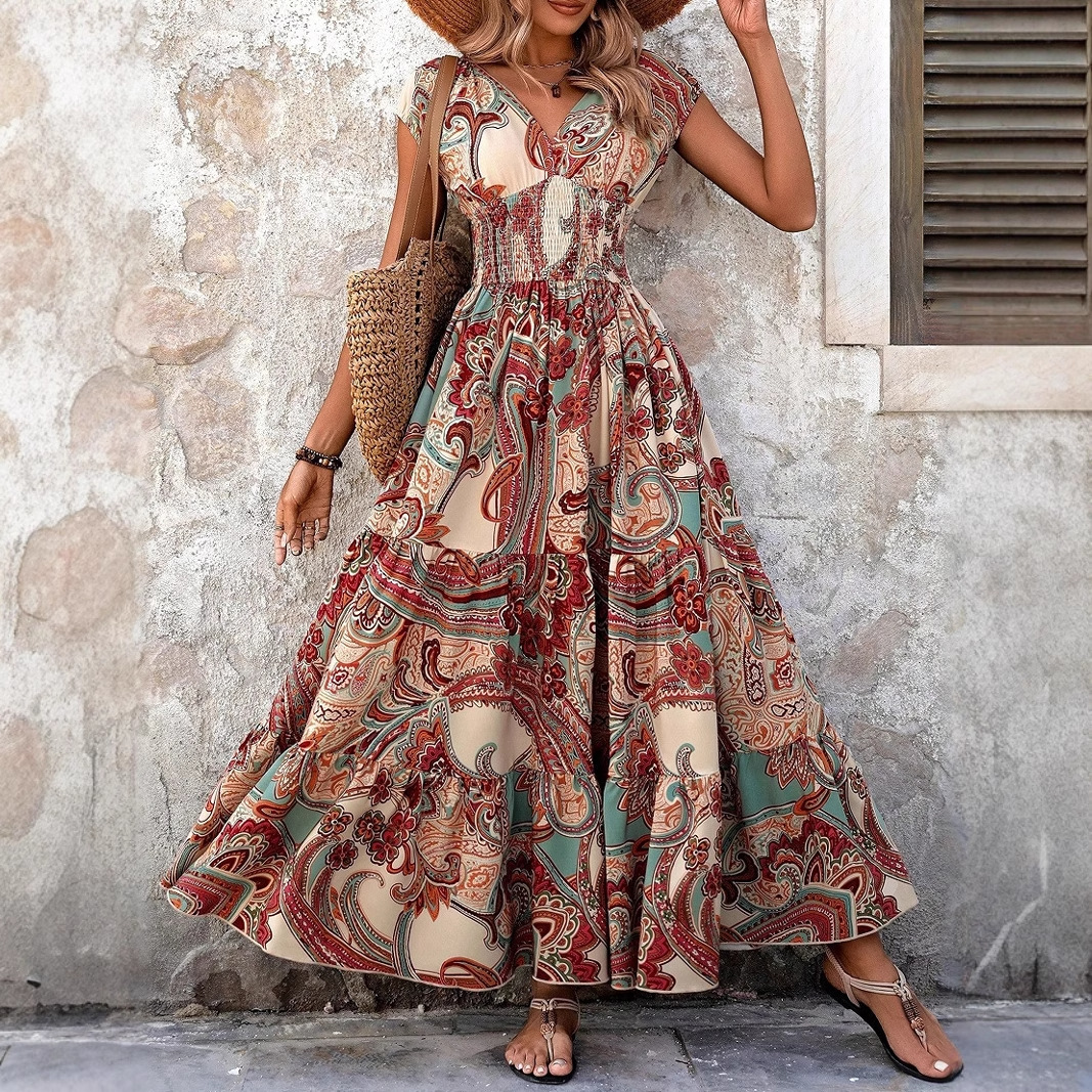 Cross-Border Vacation Style Printed Strapless For Women Summer V-Neck Short Sleeve Bohemian Fashion Long Dress_ecoleips.com