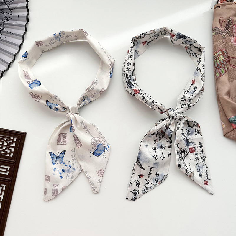 Las chicas del nuevo temperamento chino pinturas de tinta de flores y pájaros caligrafía cinta de cabello cuerda de cabello cabeza de cola de caballo bufandas de seda multipropósito