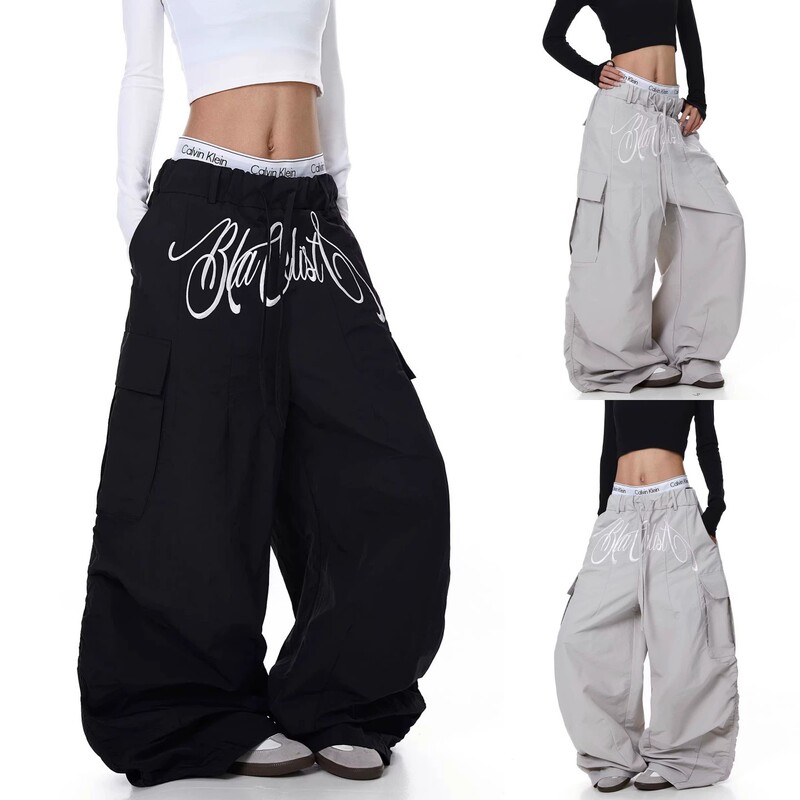 American-Style Letter Embroidery Multi-Pocket Pleated Parachute Cargo Pants Unisex Street Dance Loose Wide-Leg Pants Hip-Hop Trend