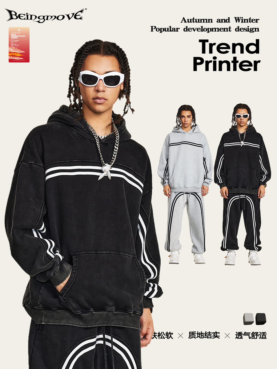 2025 Otoño e Invierno Europeo y Americano High Street Retro Lavado Sudadera con Capucha Forro Polar Deportes Marca De Moda Contraste Rayas Sudadera Tendencia de Los Hombres