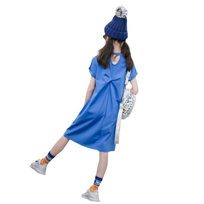 Diseño de espalda pequeña falda de camiseta para niñas vestido de verano para niños de longitud media falda de niña de estilo occidental de estilo coreano de manga corta