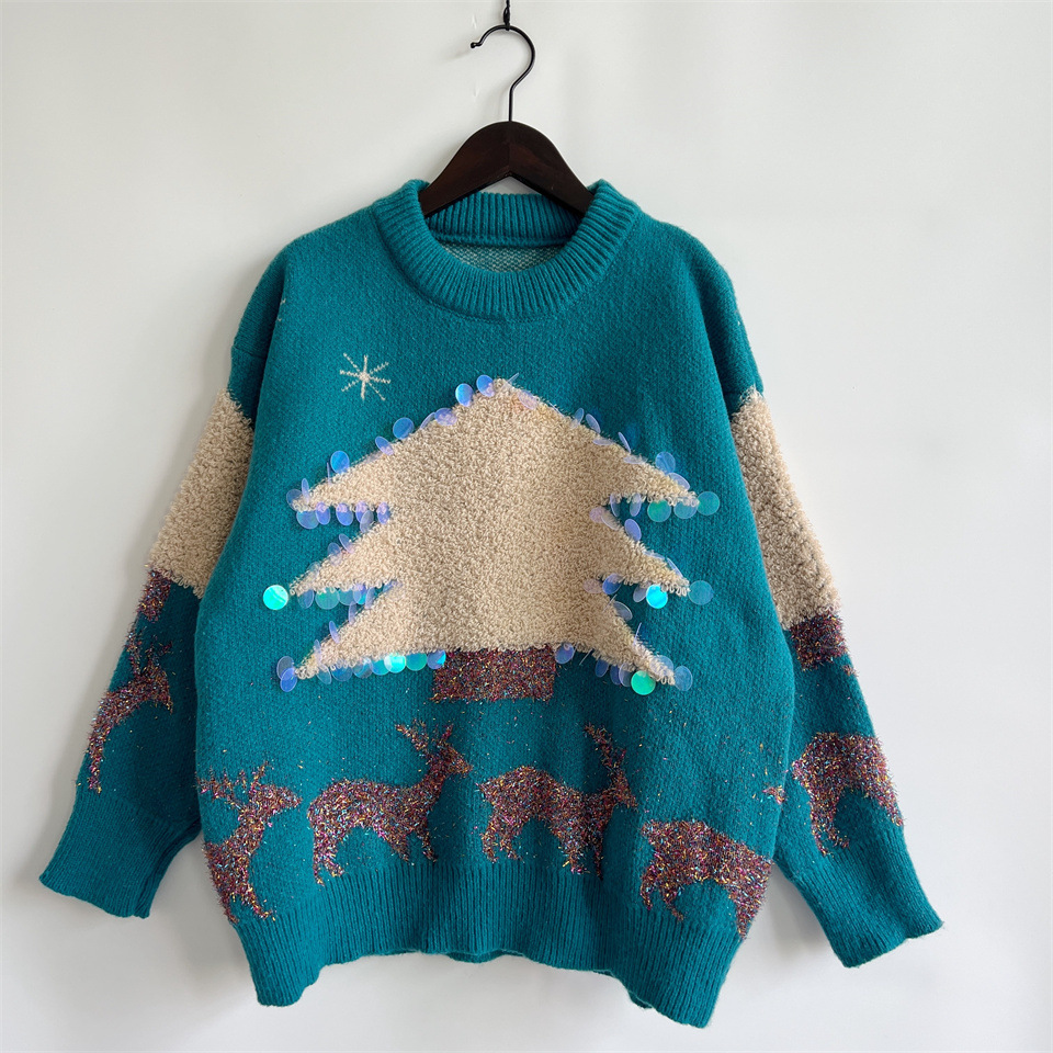 Women's Christmas Tree And Deer Sequined Pullover Sweater_voghion.com
